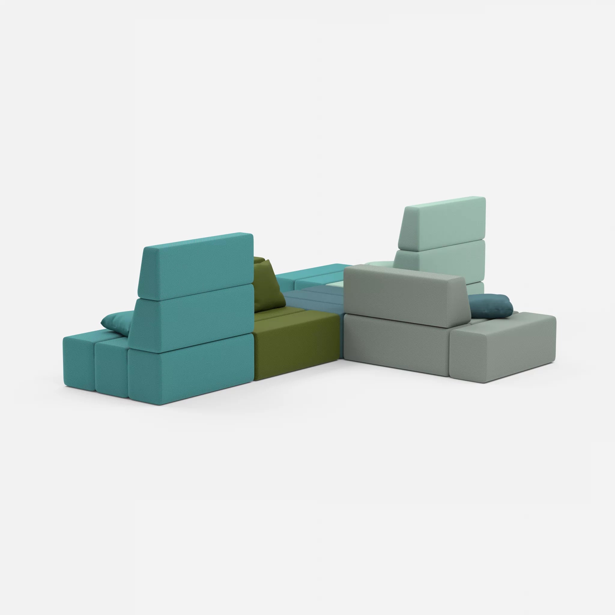 Sofalandschaft Bricks 8 novumdelphi-novummoss in Graublau und Grün von hinten
