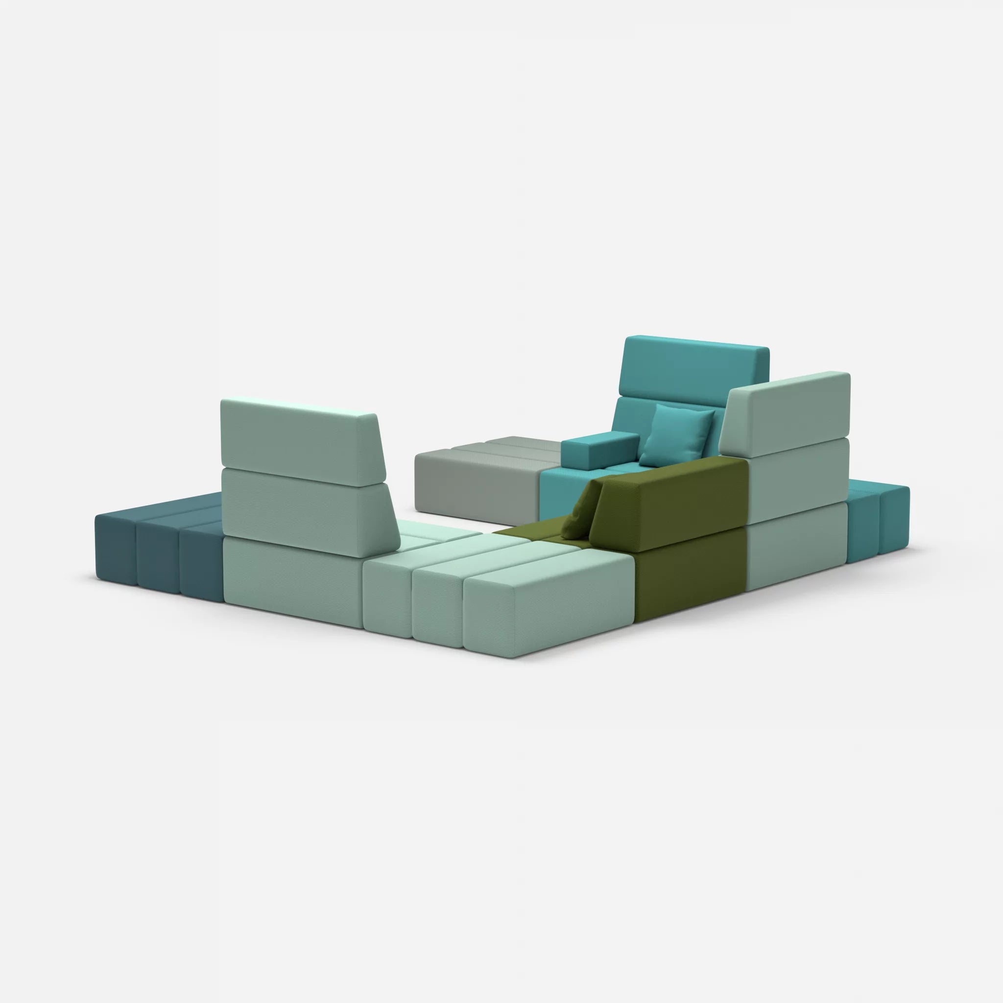 U Sofa Bricks 2 novumprisma-novumlagoon in Türkis und Graublau von hinten