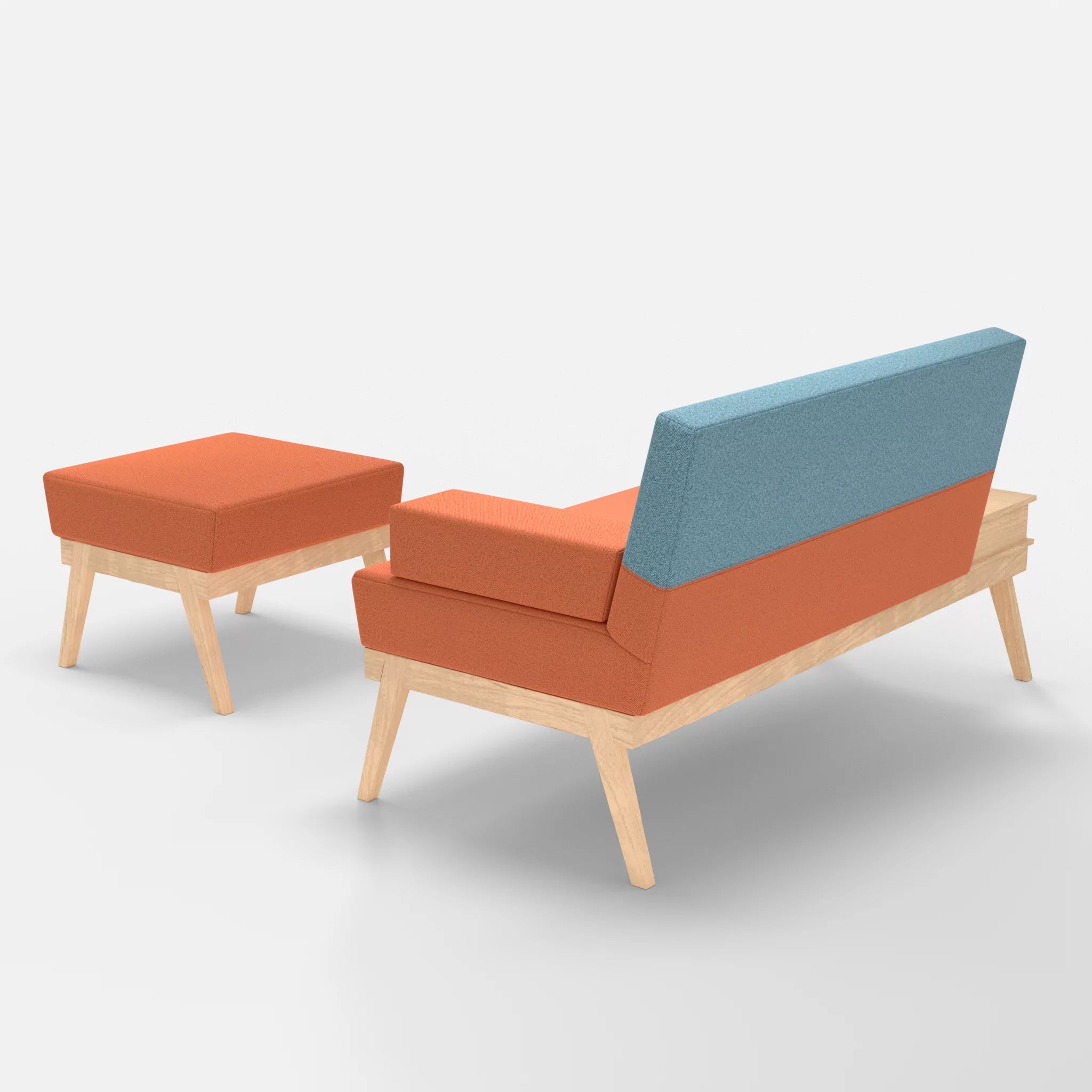 2er Sitzsofa Bauz mit Ablage links und Pouf celia0215-celia0209 in Orange und Türkis von hinten