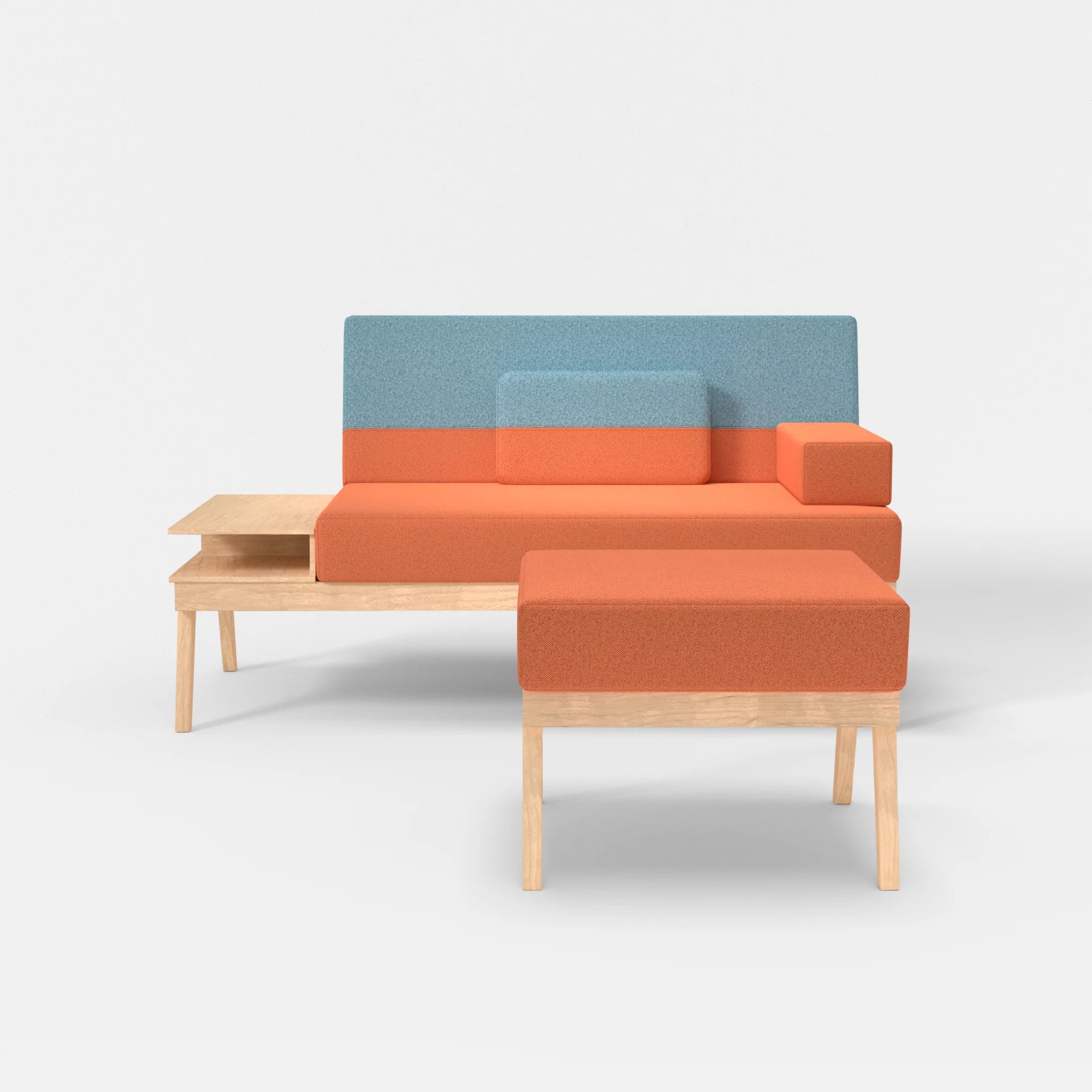 2er Sitzsofa Bauz mit Ablage links und Pouf celia0215-celia0209 in Orange und Türkis von vorne