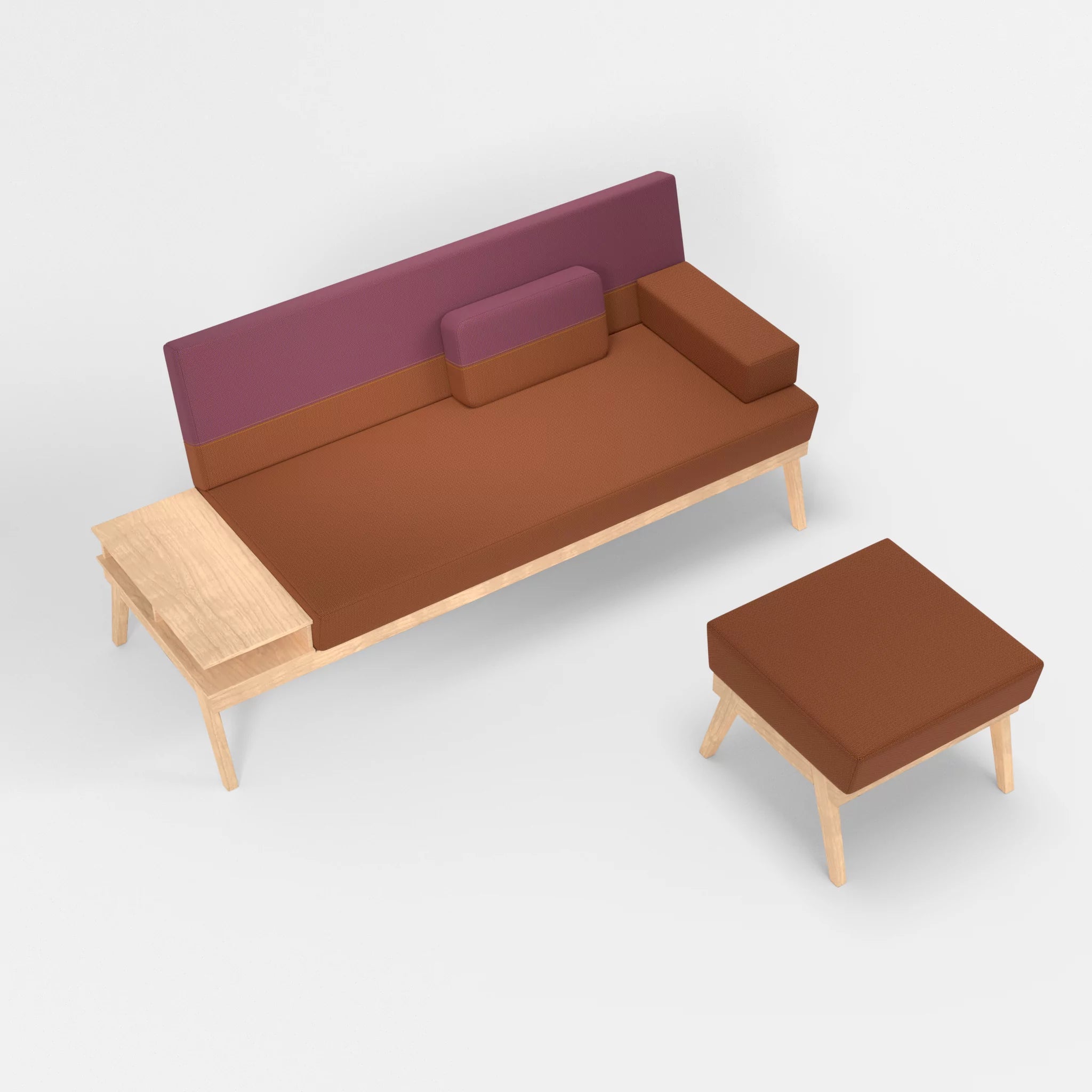 3er Sitzsofa Bauz mit Ablage links und Pouf credokupfer-credobreva in Braun und Violett von oben