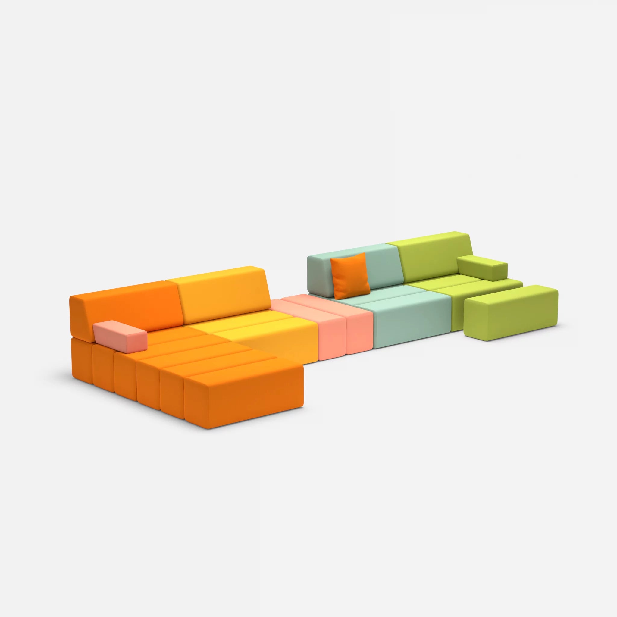 L Sofa Bricks 1 radio3082-radio4046 in Orange und Coral von der Seite