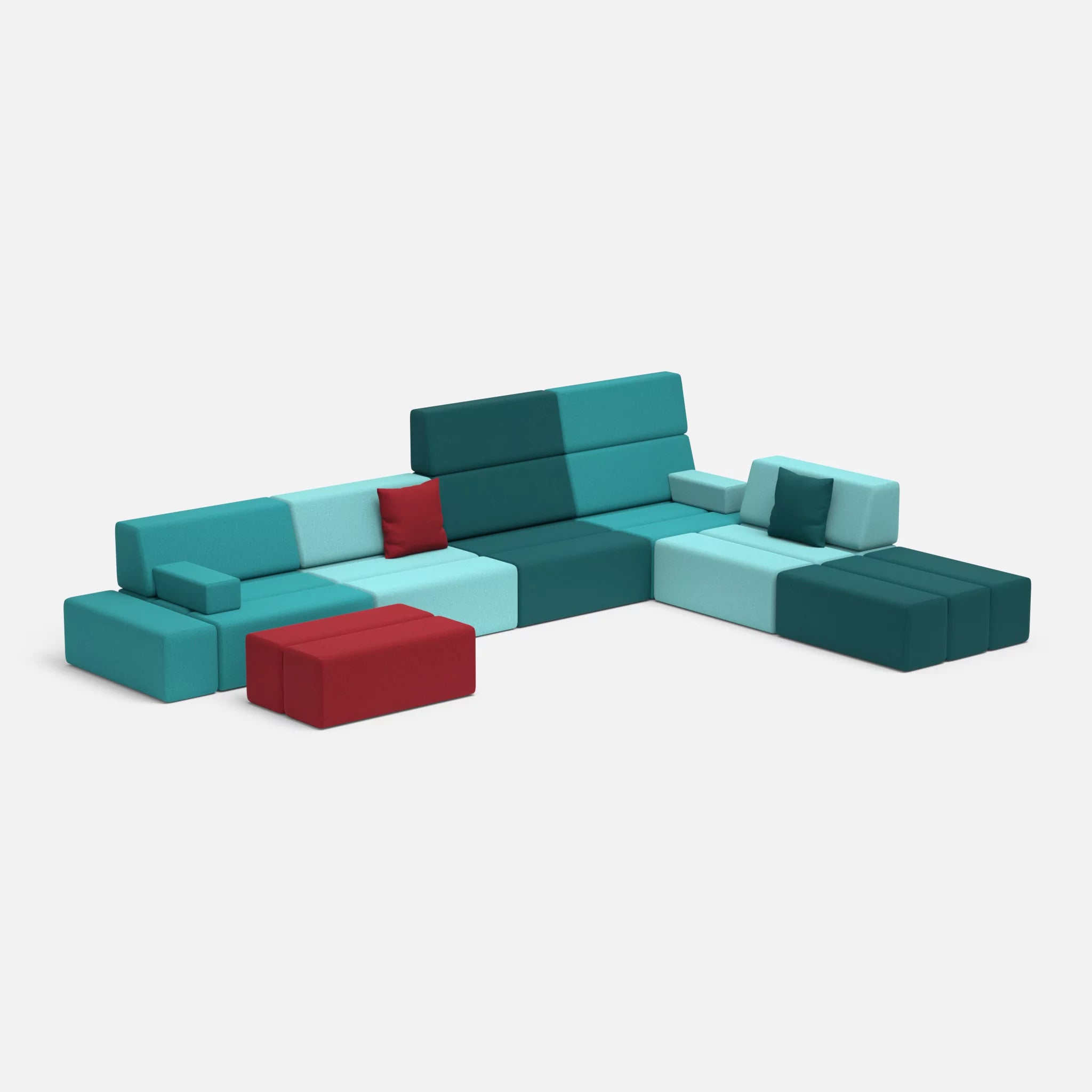 L Sofa Bricks 2 dama0053-dama0076 in Rot und Türkis von der Seite