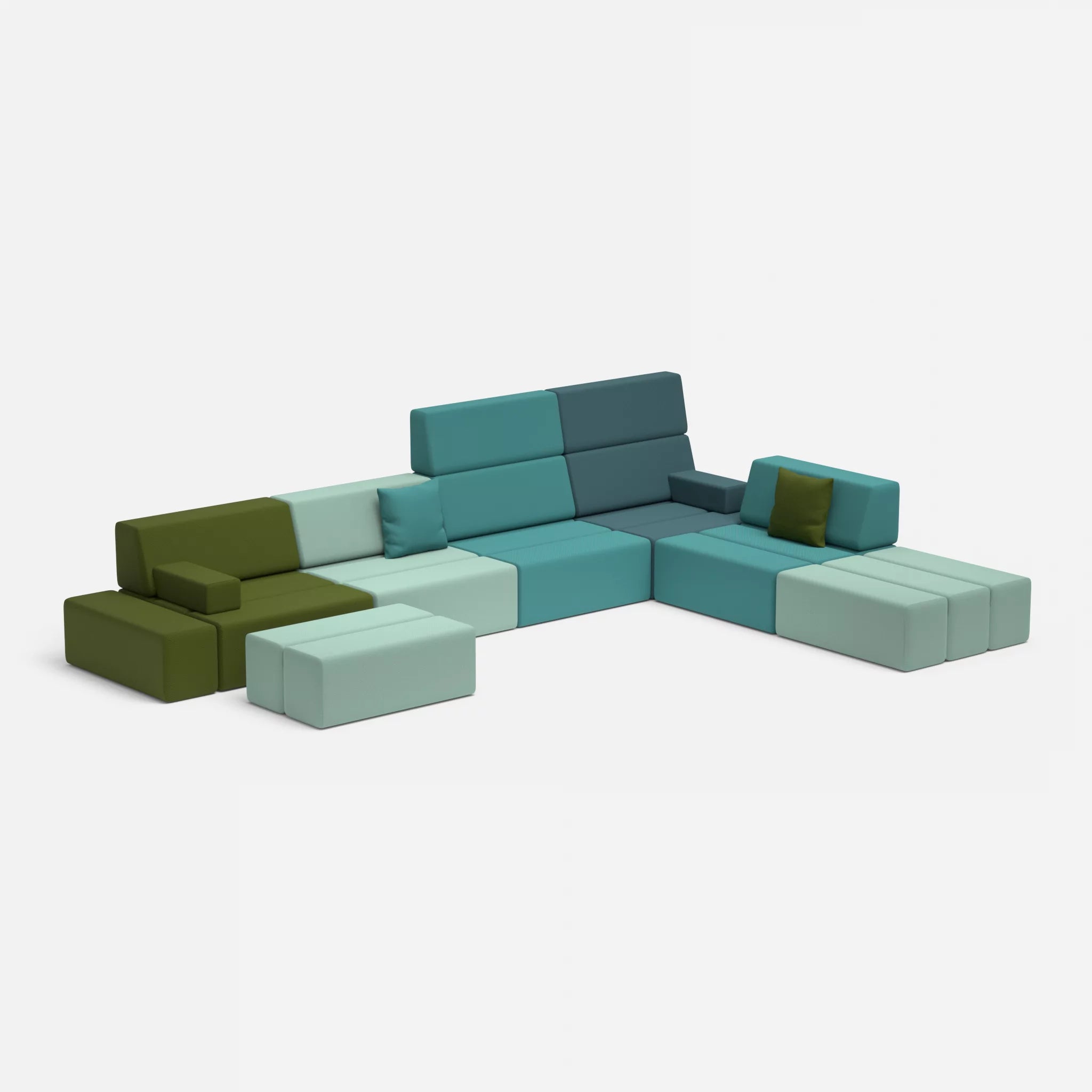 L Sofa Bricks 2 novumlagoon-novummoss in Graublau und Grün von der Seite