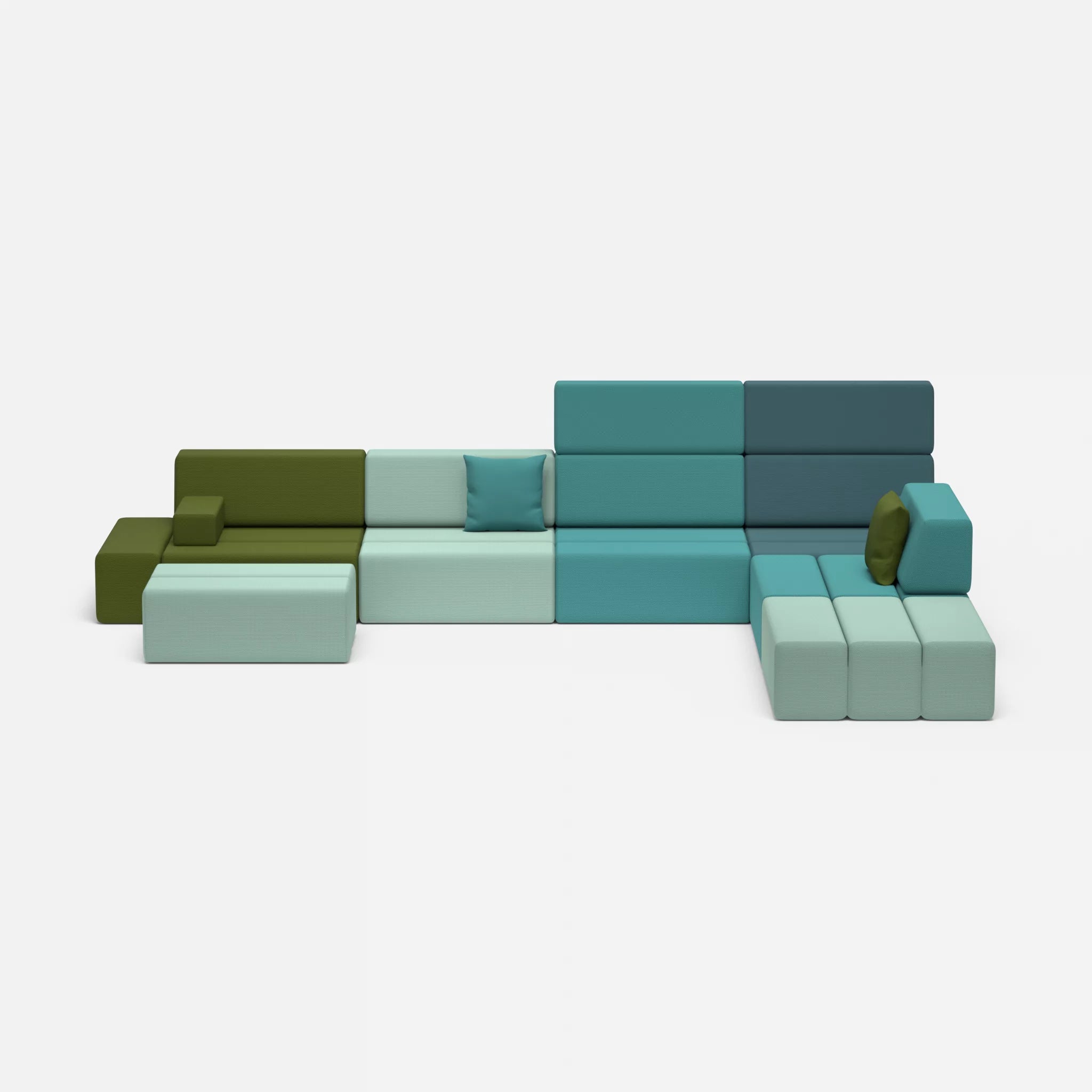 L Sofa Bricks 2 novumlagoon-novummoss in Graublau und Grün von vorne